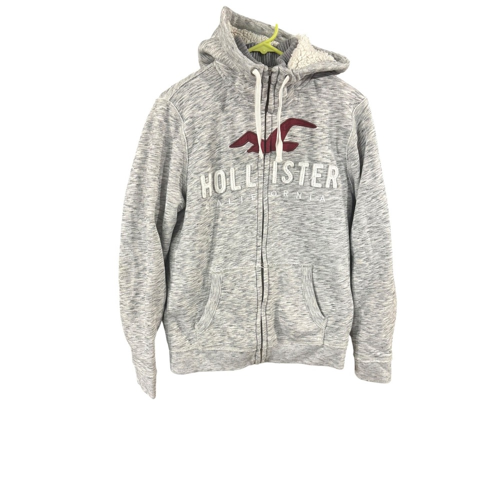 Hollister Mens Sherpa Lined Full Zip Hoodie Gray Marl Logo Sweatshirt Size M